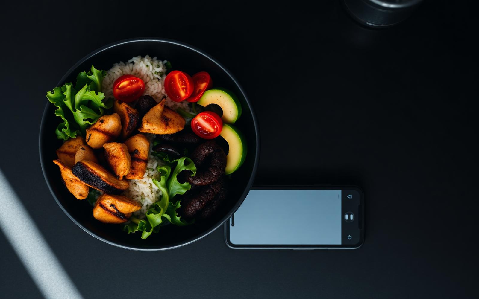 Refeição equilibrada ao lado de um celular pronto para análise nutricional